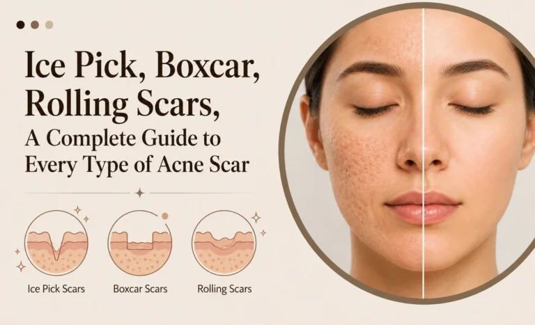 Illustration of ice pick, boxcar and rolling acne scar shapes beside a face with textured cheek skin
