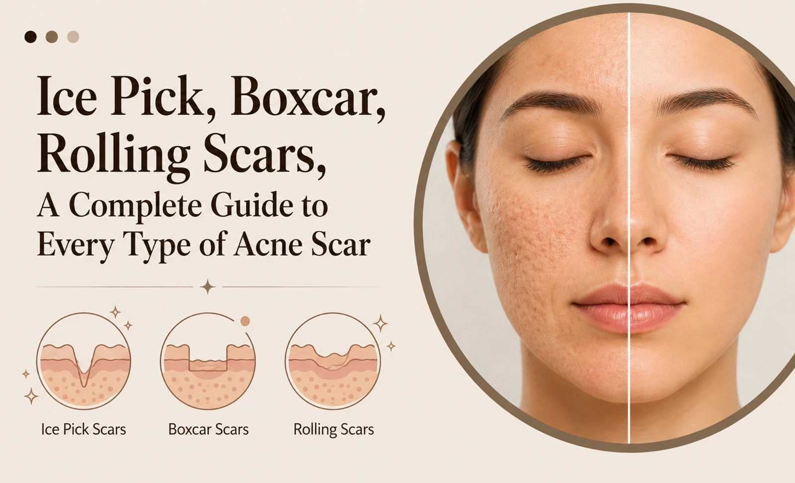 Illustration of ice pick, boxcar and rolling acne scar shapes beside a face with textured cheek skin